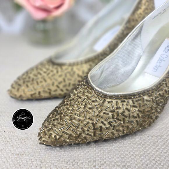 Dyeables Private Collection Vintage Gold Zazzle Mesh Beaded Pumps/Heels Size 7B - Picture 6 of 15